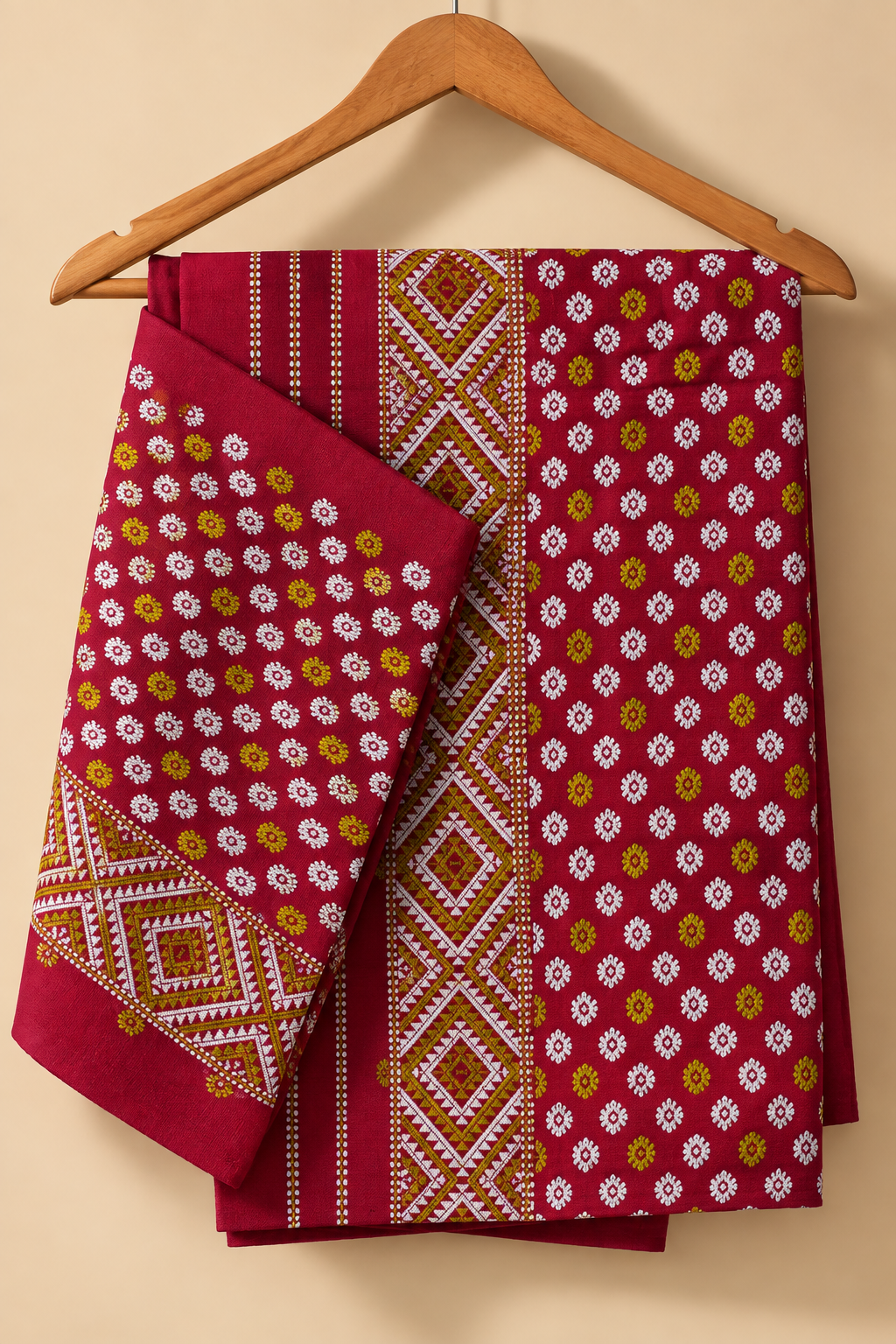 Traditional Mising maroon and green Mekhela sador