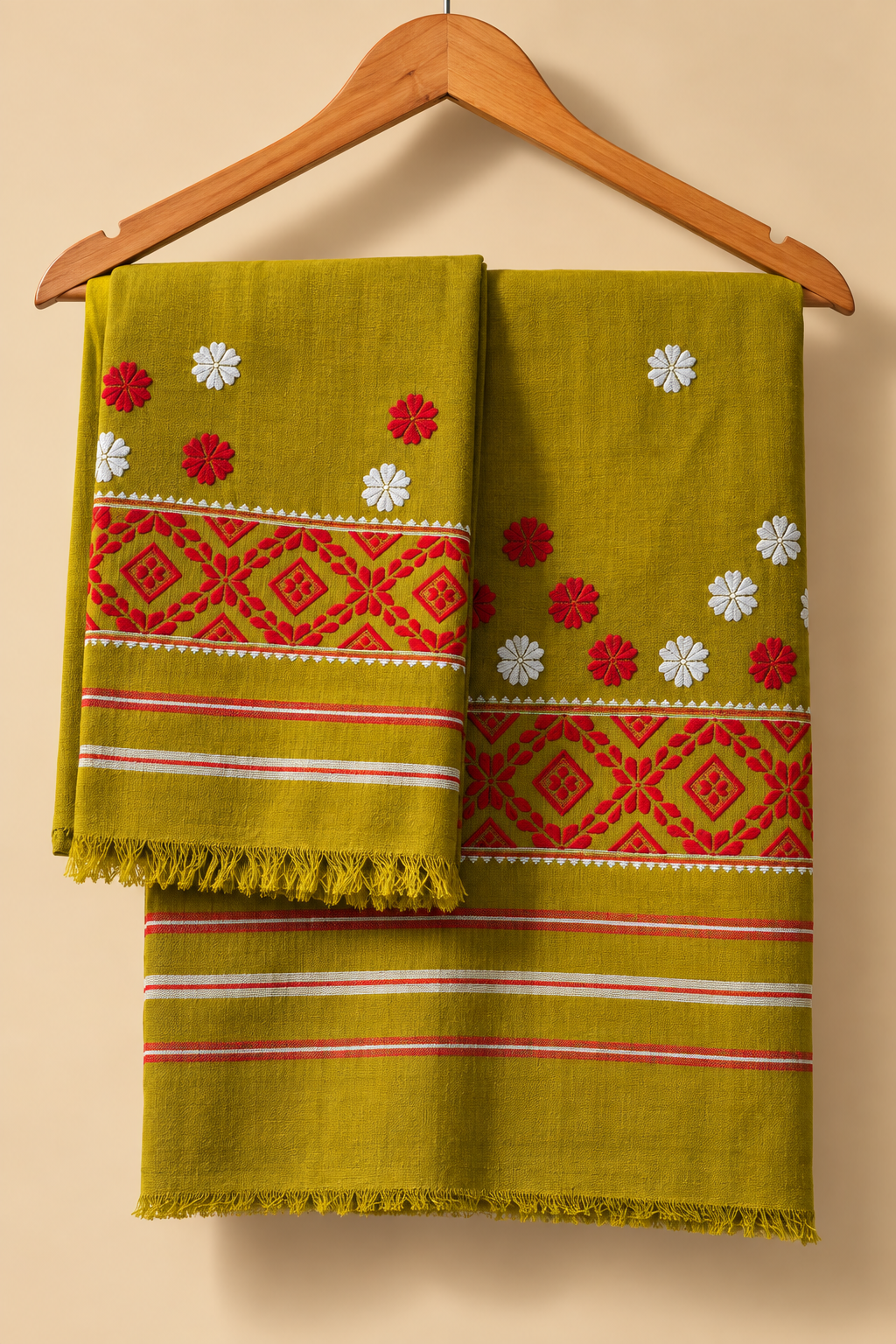 Bottle Green and White  cotton handwoven mekhela sador
