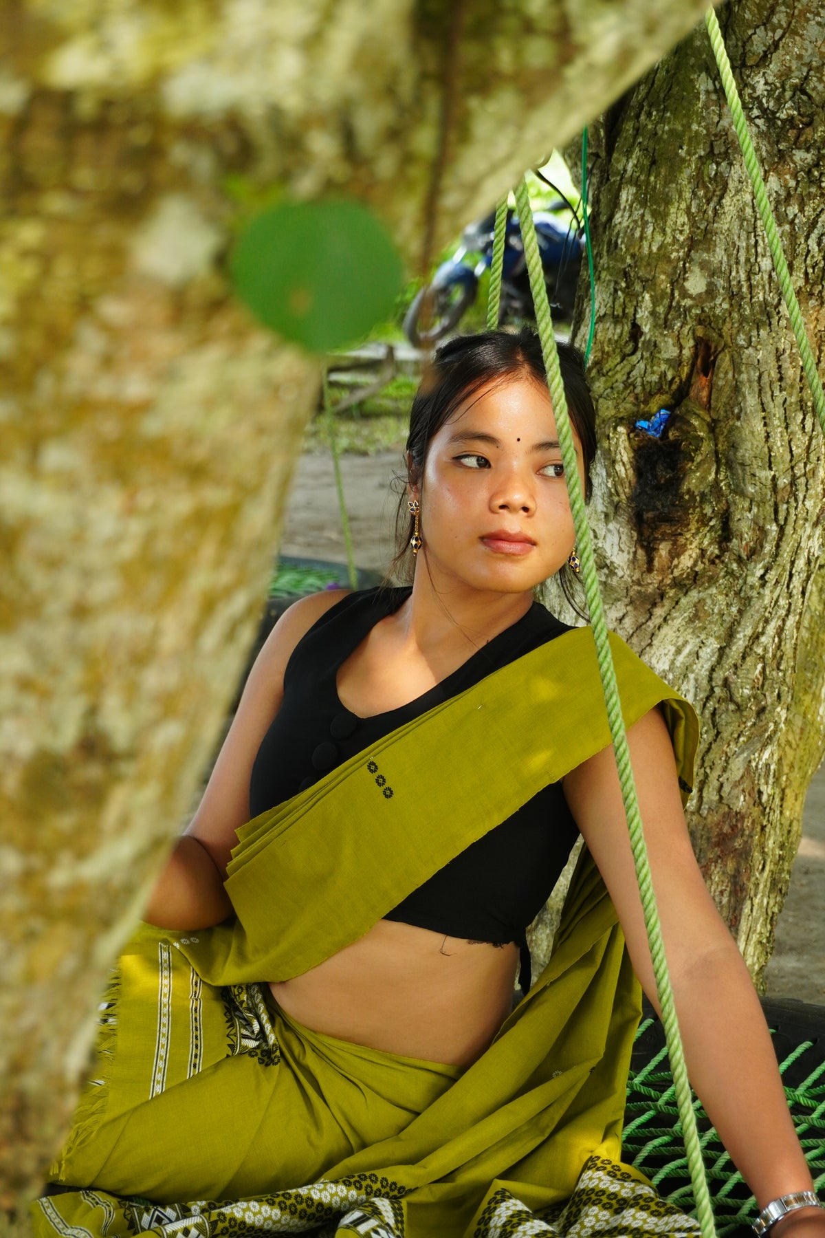 Olive green traditional Mekhela sador