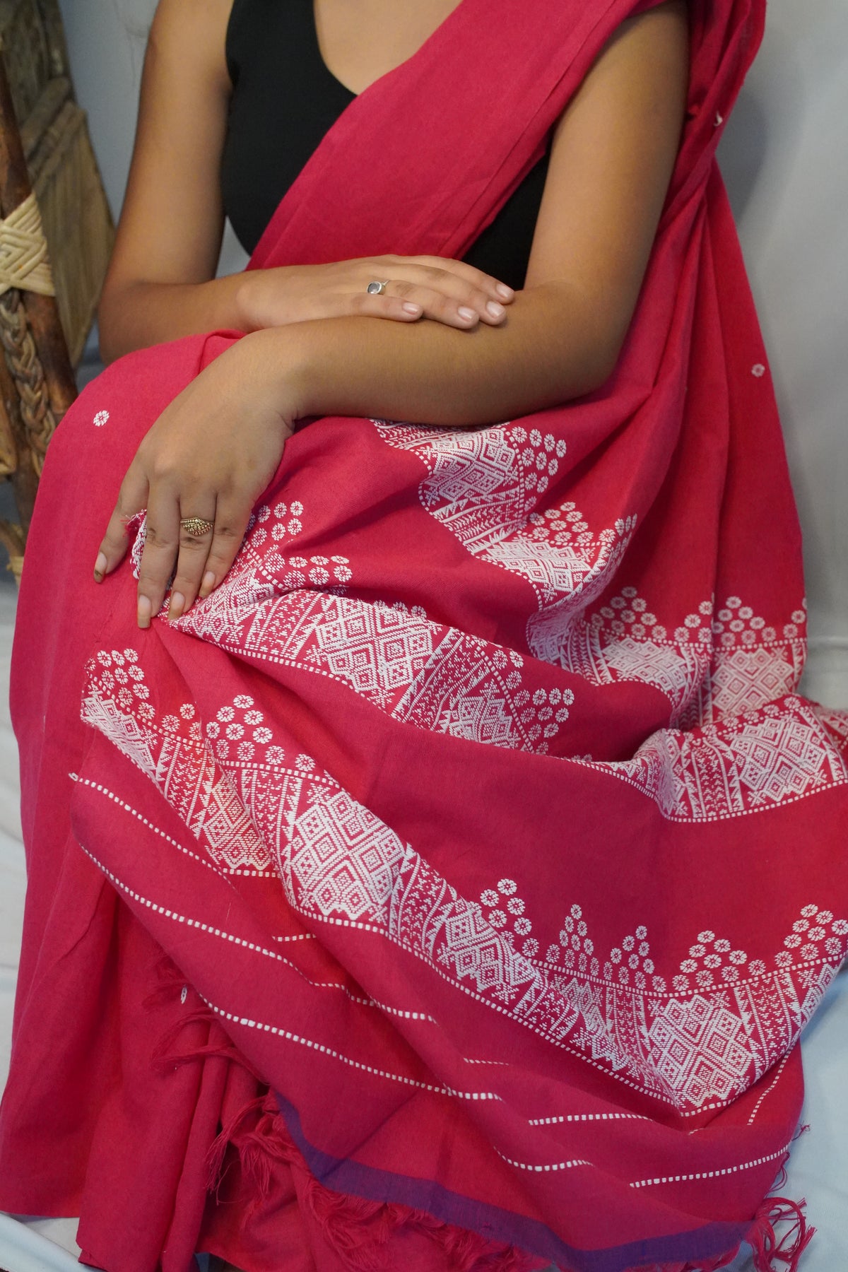 Pink and white Cotton saree