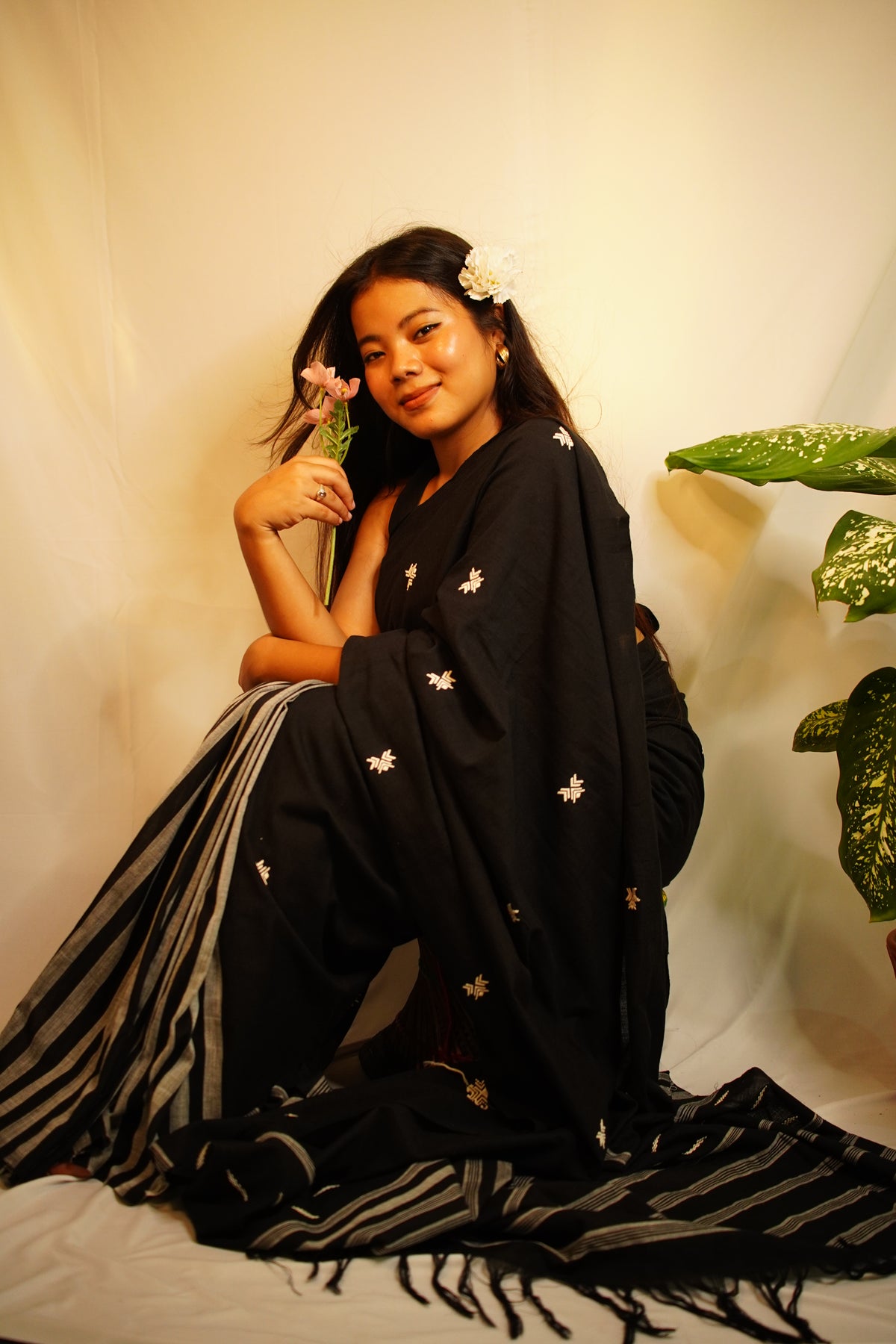 Black and white Cotton saree