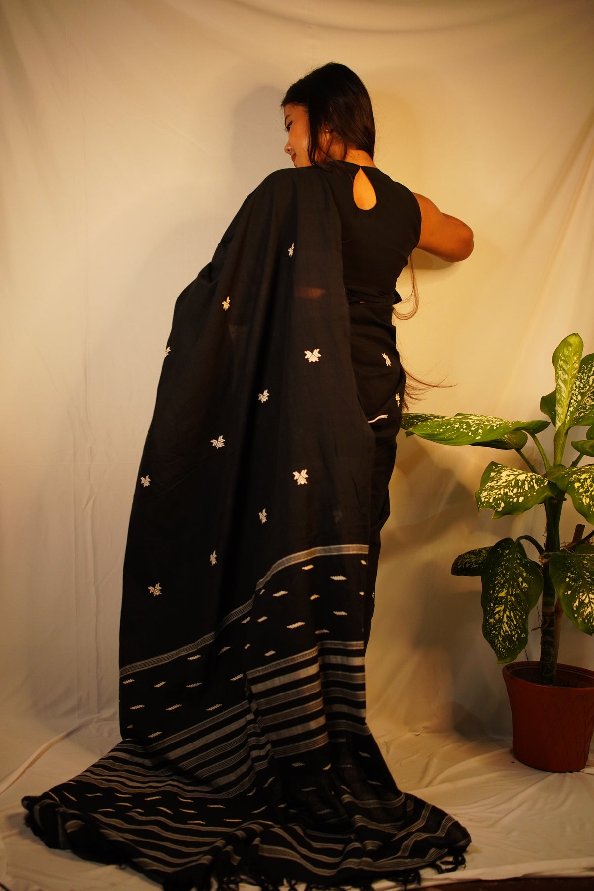 Black and white Cotton saree