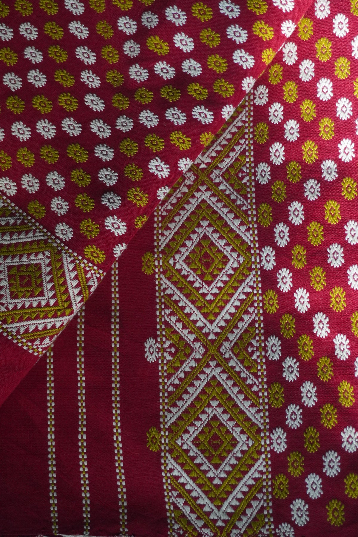 Traditional Mising maroon and green Mekhela sador