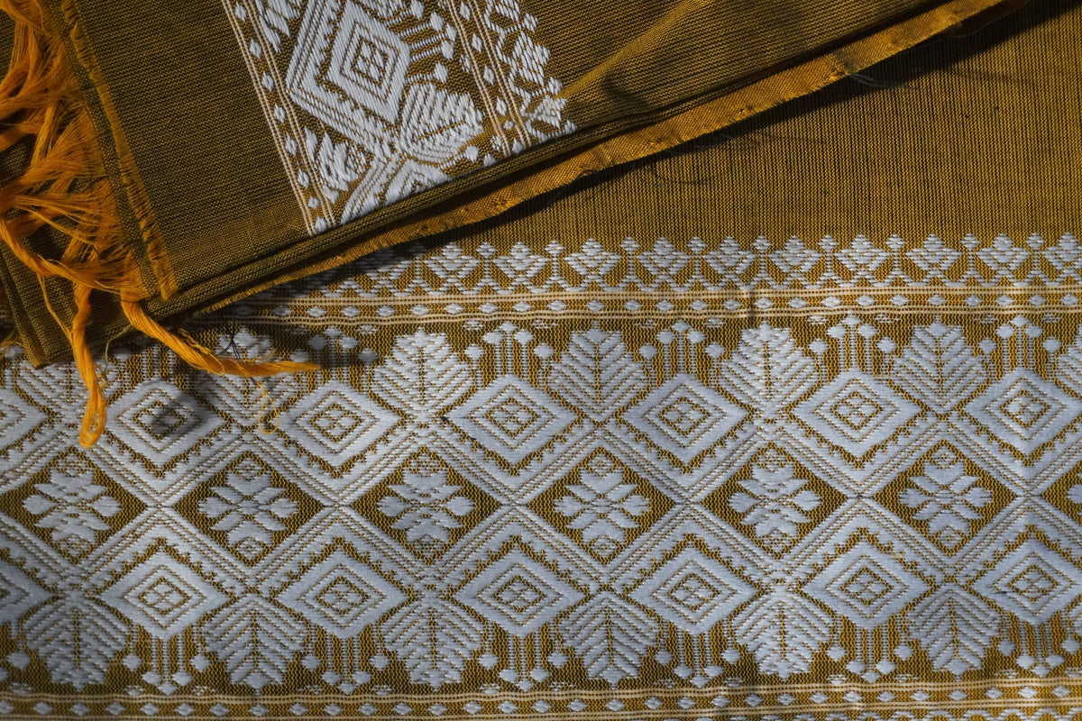 Bottle Green and White  cotton handwoven mekhela sador