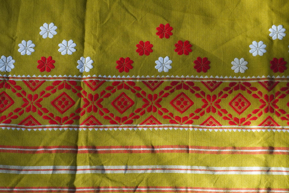Bottle Green and White  cotton handwoven mekhela sador