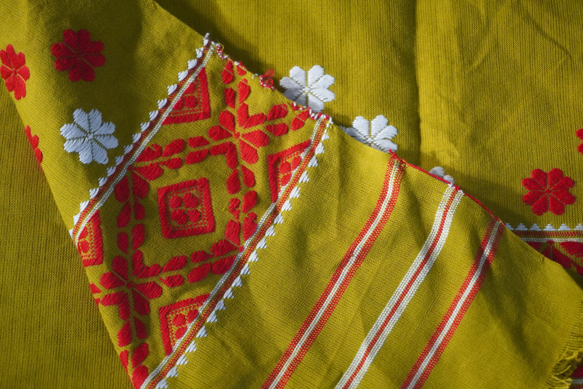 Bottle Green and White  cotton handwoven mekhela sador